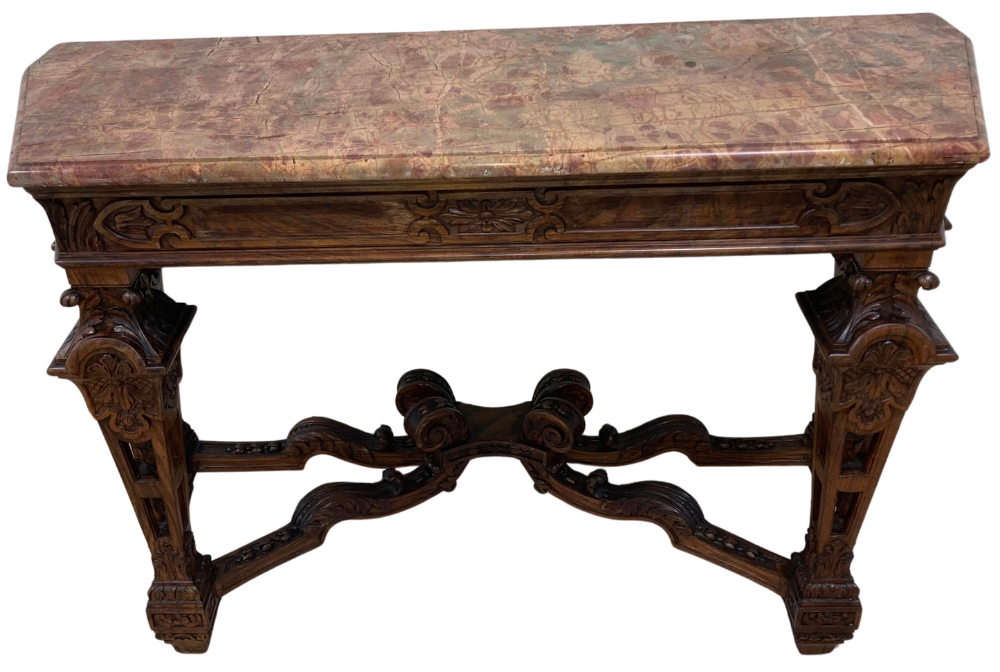 Gothic/Renaissance Revival Walnut Marble Top Console Table